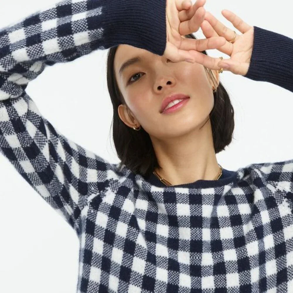 J. Crew Navy Cashmere Gingham Sweater ASO Wednesday Addams